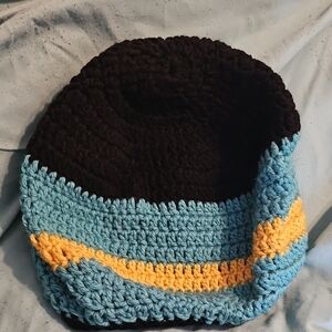 Handmade Black and Blue Crochet Beanie with Yellow Accent